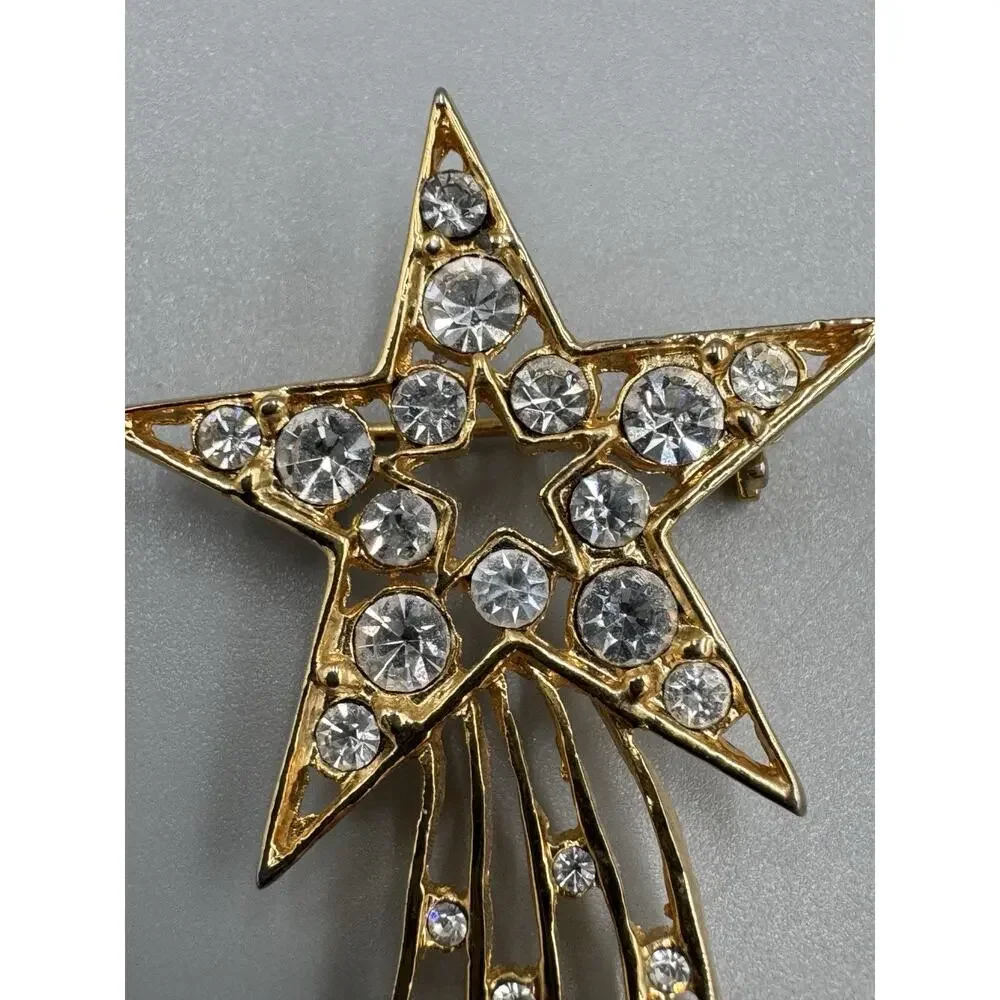 Gold Colored Shooting Star W/ Rhinestones Lapel Pin Brooch